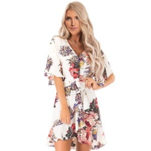 Apricot Floral Print V Neck Wrap Dress with Ruffle Sleeves